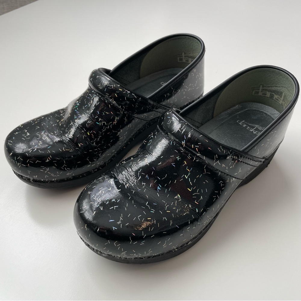 Dansko Black Rainbow Glitter Professional Clogs, Size 40 (see size note)